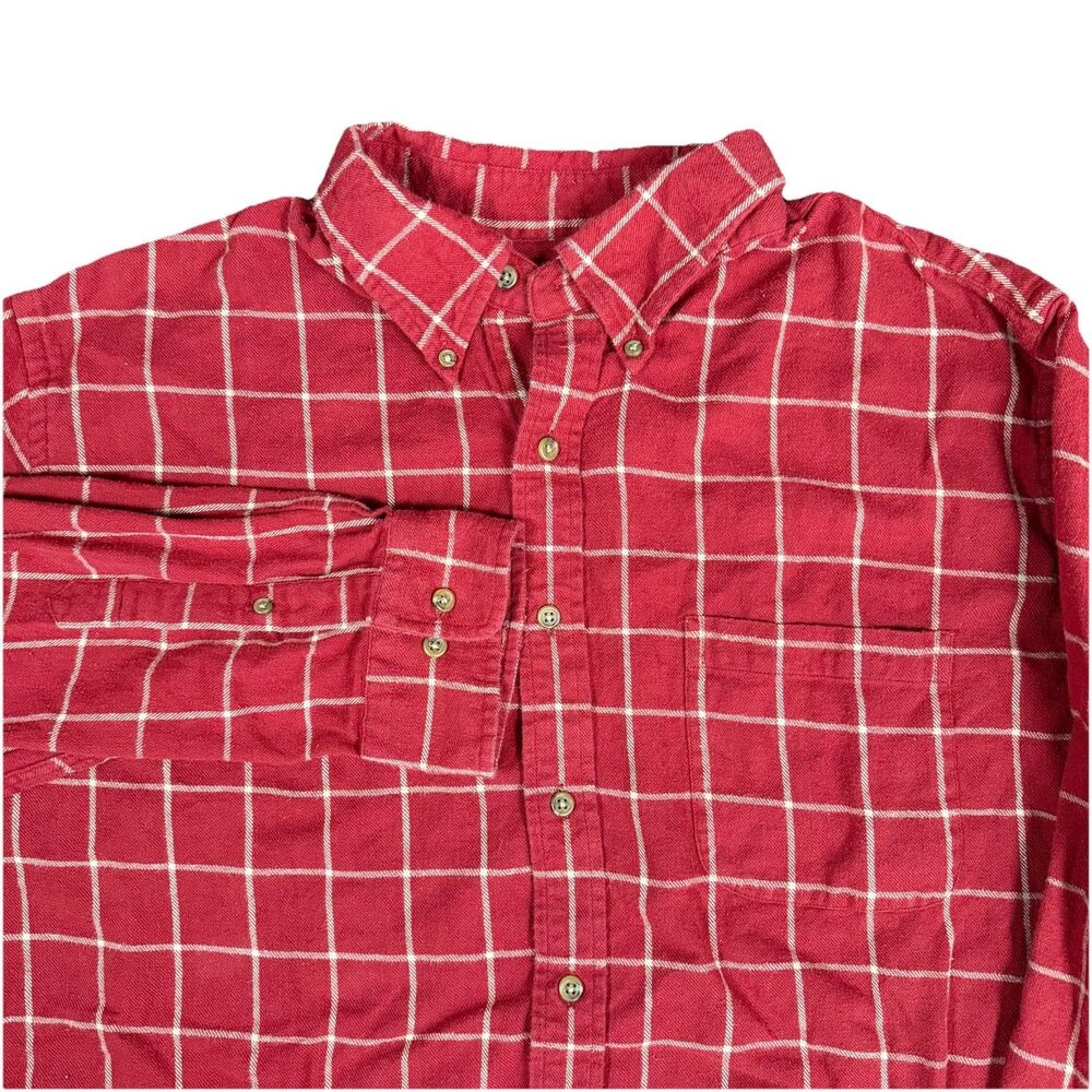 Lands’ End Red Beige‎ Plaid Flannel Classic Work Chore Shirt Men’s XL